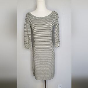 Banana Republic Green & White Striped 100% Cotton Boat Neck 3/4 Sleeve Dress XS